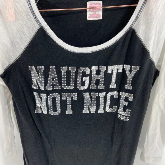 PINK Naughty or Nice black white raglan Rhinestone Night shirt womens small - Picture 2 of 4